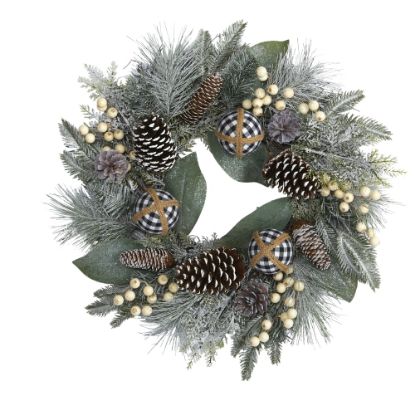 Picture of Nearly Natural Snow-Tipped Holiday 24inH Artificial Wreath With Berries, Pine Cones and Ornaments, 24in x 5in, Green