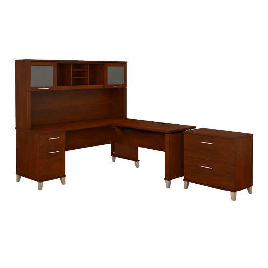 Picture of Bush Furniture Somerset 72inW 3 Position Sit to Stand L Shaped Desk With Hutch And File Cabinet, Hansen Cherry, Standard Delivery