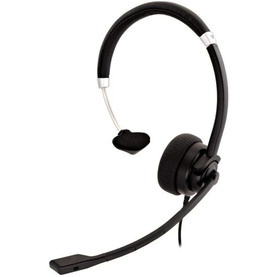 Picture of V7 Deluxe Mono Headset - Mono - Mini-phone (3.5mm) - Wired - 31.50 Hz - 20 kHz - Over-the-head - Monaural - Supra-aural - 5.91 ft Cable - Echo Cancelling, Noise Cancelling, Omni-directional Microphone - Black, Silver