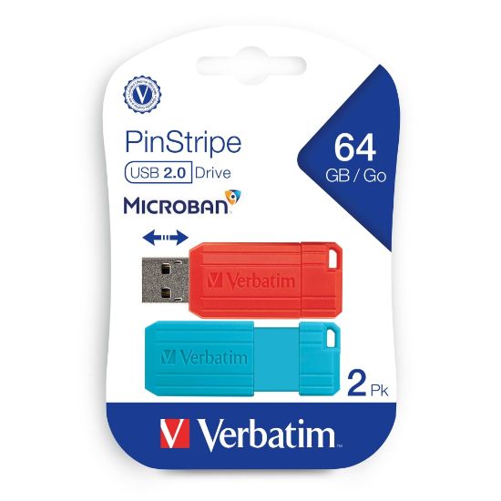 Picture of Verbatim PinStripe USB 2.0 Flash Drives, 64GB, Blue/Red, 2 Pack