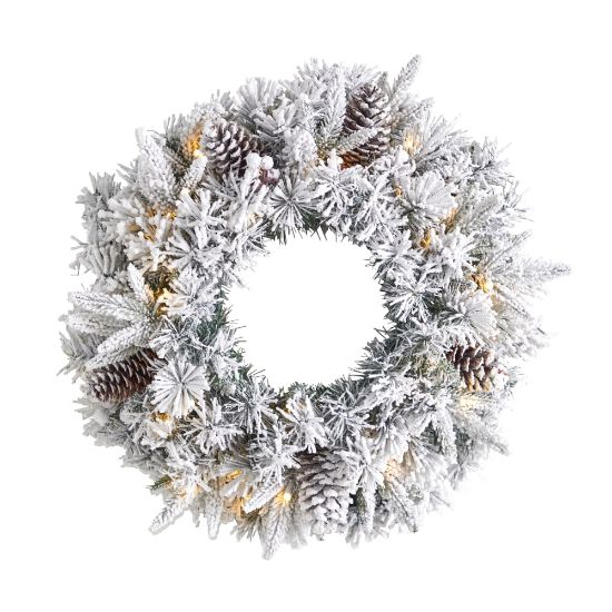 Picture of Nearly Natural Flocked Artificial Christmas Wreath With 35 Warm LED Lights, 20in x 5in, White