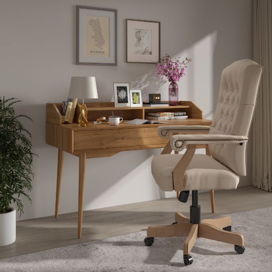 Picture of Flash Furniture Martha Washington Microfiber High-Back Swivel Office Chair With Arms, Ivory/Driftwood