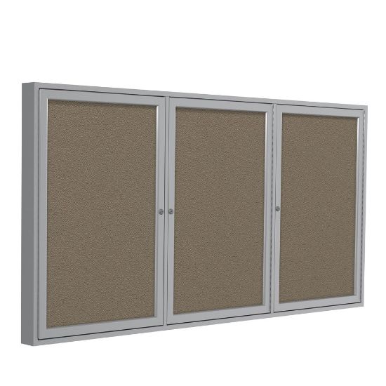 Picture of Ghent 3 Door Enclosed Fabric Bulletin Board, Satin Aluminum Frame, 36inH x 72inW, Taupe