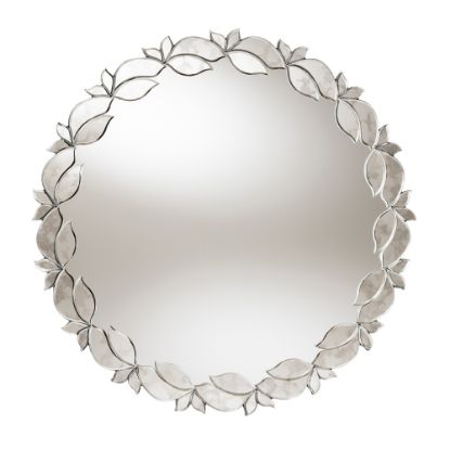 Picture of Baxton Studio Petal Leaf Round Accent Wall Mirror, 32in, Antique Silver