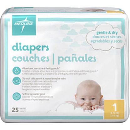 Picture of Medline Disposable Baby Diapers, Size 1, 8-14 Lb, White, 25 Diapers Per Pack, Case Of 8 Packs