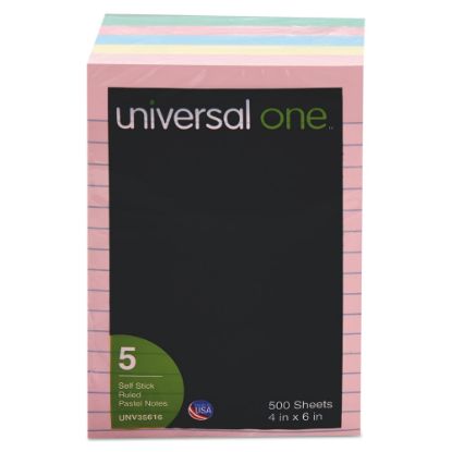 Picture of Universal Lined Self-Stick Notes, 4 in x 6 in, Assorted Colors, 100 Sheets Per Pad, Pack Of 5 Pads