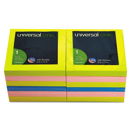 Picture of Universal Fan-Folded Pop-Up Notes, 3in x 3in, Assorted Neon Colors, 100 Sheets Per Pad, Pack Of 12 Pads