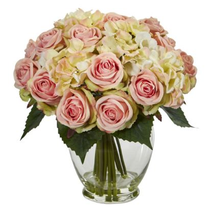 Picture of Nearly Natural Rose And Hydrangea 12inH Artificial Bouquet Arrangement. 12inH x 10inW x 10inD, Pink