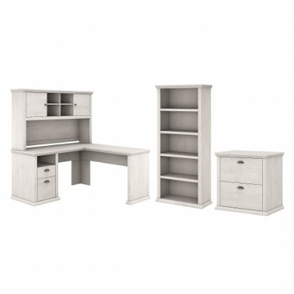 Picture of Bush Business Furniture Yorktown 60inW L-Shaped Corner Desk With Hutch, Lateral File Cabinet And 5-Shelf Bookcase, Linen White Oak, Standard Delivery