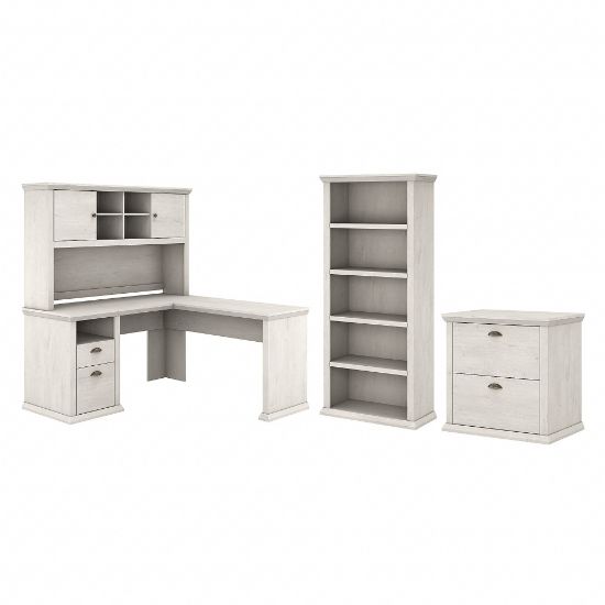 Picture of Bush Business Furniture Yorktown 60inW L-Shaped Corner Desk With Hutch, Lateral File Cabinet And 5-Shelf Bookcase, Linen White Oak, Standard Delivery