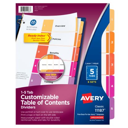 Picture of Avery Ready Index 1-5 Tab Binder Dividers With Customizable Table Of Contents, 8-1/2in x 11in, 5 Tab, White/Multicolor, Pack Of 6 Sets