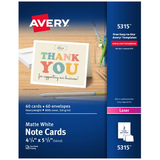 Picture of Avery Printable Note Cards With Envelopes, 4.25in x 5.5in, White, Pack Of 60 Blank Note Cards For Laser Printers