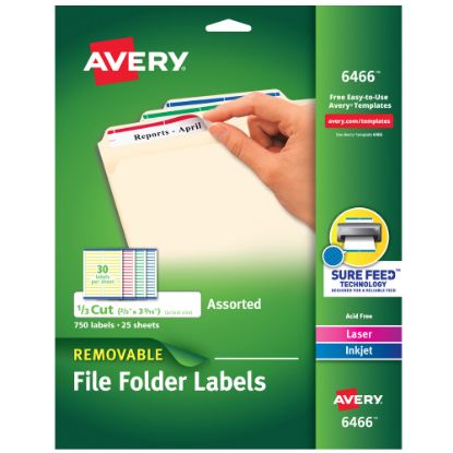 Picture of Avery Removable File Folder Labels, Laser, 6466, 2/3in x 3 7/16in, Assorted Colors, Box Of 750