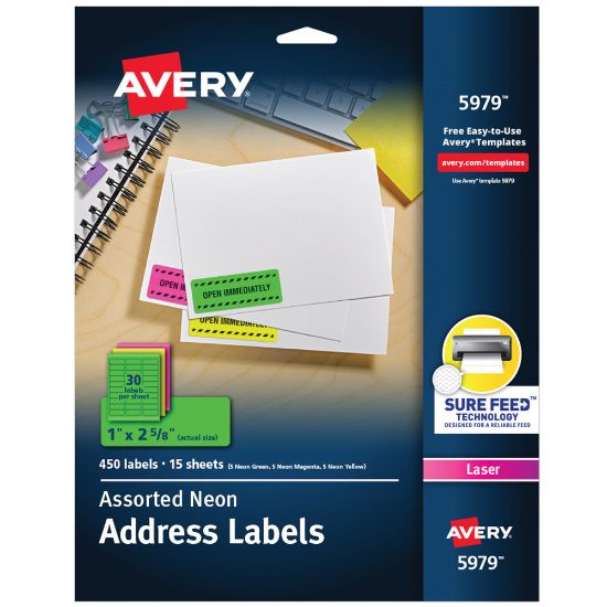 Picture of Avery High-Visibility Permanent Laser ID Labels, 5979, 1in x 2 5/8in, Assorted Colors, Pack Of 450