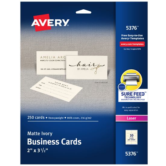 Picture of Avery Printable Business Cards With Sure Feed Technology For Laser Printers, 2in x 3.5in, Ivory, 250 Blank Cards