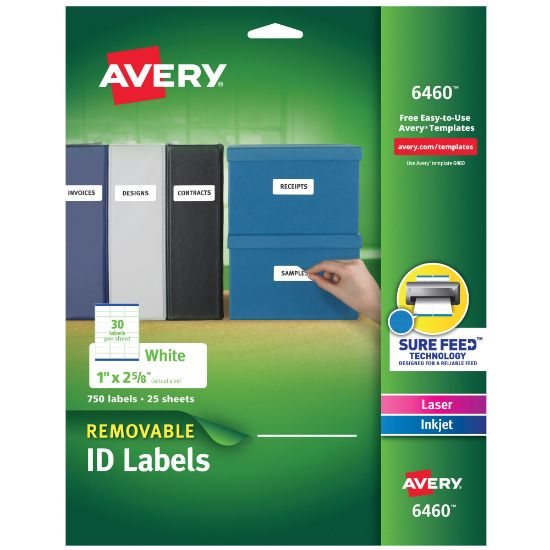 Picture of Avery Removable Laser/Inkjet ID Labels, 6460, Organization, 1in x 2 5/8in, White, Pack Of 750