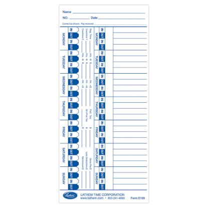 Picture of Lathem Time Cards For Electronic Side-Print Time Clocks, Weekly, 1-Sided, 4in x 9in, Box Of 100