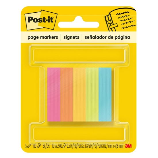 Picture of Post-it Notes Page Markers, 1/2in x 2in, Electric Glow Colors, 100 Per Pad, Pack Of 5 Pads