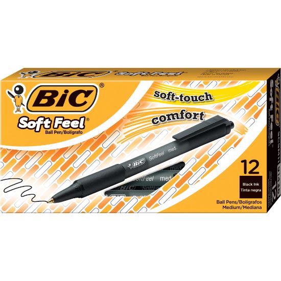 Picture of BIC Soft Feel Retractable Ballpoint Pens, Medium Point, 1.0 mm, Black Barrel, Black Ink, Pack Of 12 Pens