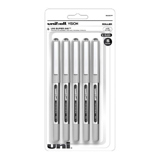 Picture of uni-ball Vision Liquid Ink Rollerball Pens, Fine Point, 0.7 mm, Silver Barrel, Black Ink, Pack Of 5 Pens