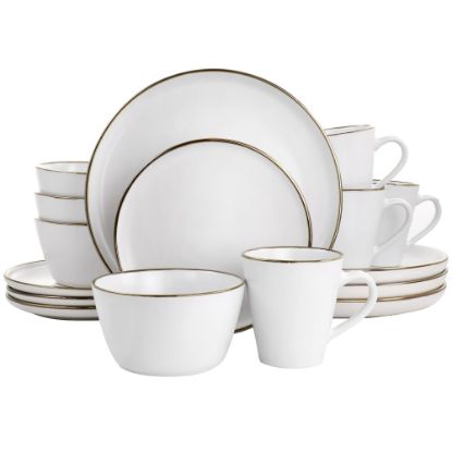 Picture of Elama Arthur 16-Piece Stoneware Dinnerware Set, Matte White/Gold