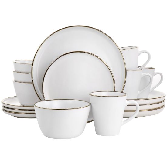 Picture of Elama Arthur 16-Piece Stoneware Dinnerware Set, Matte White/Gold