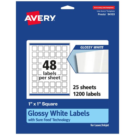 Picture of Avery Glossy Permanent Labels With Sure Feed, 94103-WGP25, Square, 1in x 1in, White, Pack Of 1,200