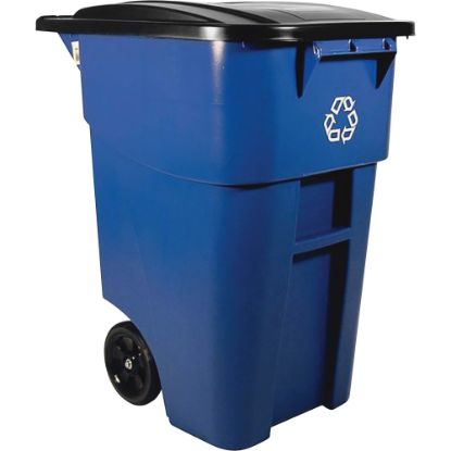 Picture of Rubbermaid Commercial Brute Recycling Rollout Container - Swing Lid - 50 gal Capacity - Rectangular - Mobility, Heavy Duty, Wheels, Lid Locked, Hinged, Durable, Easy to Clean - 36.5in Height x 23.4in Width - Resin - Blue - 2 / Carton