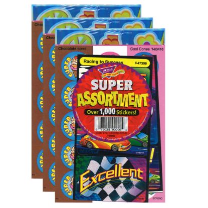 Picture of Trend Super Assortment Sticker Packs, Assorted Colors, 1000 Stickers Per Pack, Set Of 3 Packs