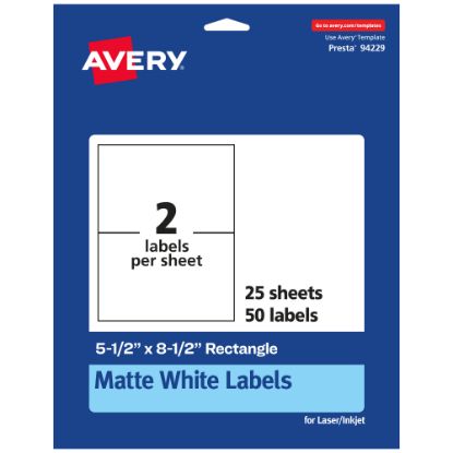 Picture of Avery Permanent Labels, 94229-WMP25, Rectangle, 5-1/2in x 8-1/2in, White, Pack Of 50