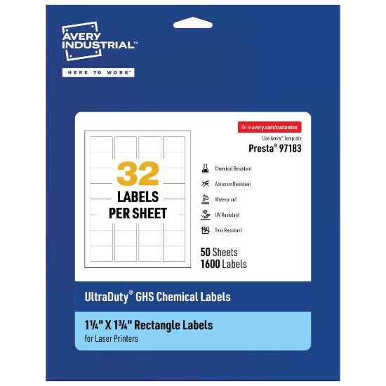 Picture of Avery Ultra Duty Permanent GHS Chemical Labels, 97183-WMU50, Rectangle, 1-1/4in x 1-3/4in, White, Pack Of 1,600