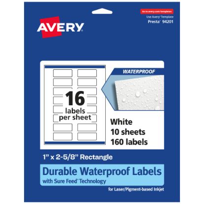 Picture of Avery Waterproof Permanent Labels With Sure Feed, 94201-WMF10, Rectangle, 1in x 2-5/8in, White, Pack Of 160