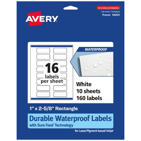 Picture of Avery Waterproof Permanent Labels With Sure Feed, 94201-WMF10, Rectangle, 1in x 2-5/8in, White, Pack Of 160