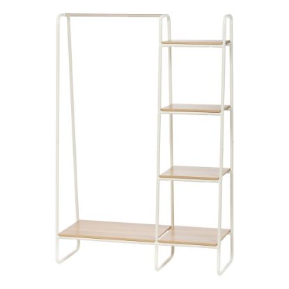 Picture of IRIS Metal Garment Rack With Wood Shelves, 59-1/2inH x 39-13/16inW x 15-3/4inD, White/Light Brown