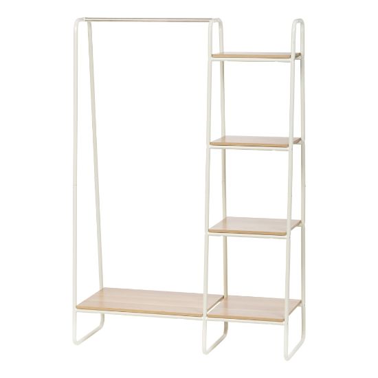 Picture of IRIS Metal Garment Rack With Wood Shelves, 59-1/2inH x 39-13/16inW x 15-3/4inD, White/Light Brown