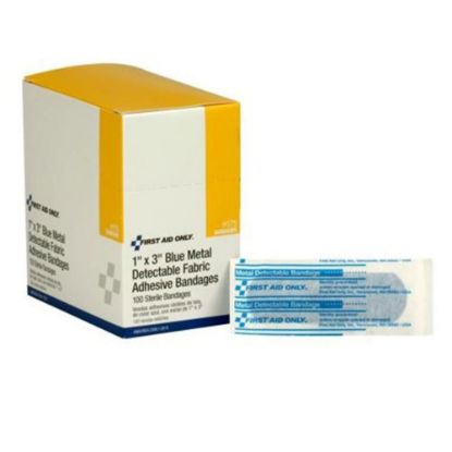 Picture of First Aid Only Metal-Detectable Strip Bandages, 1in x 3in, Blue, Box of 100 Bandages