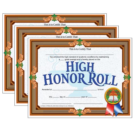 Picture of Hayes Certificates, 8-1/2in x 11in, High Honor Roll, Gold, 30 Certificates Per Pack, Set Of 3 Packs