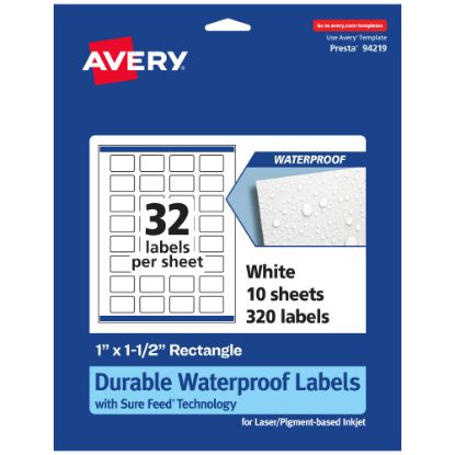 Picture of Avery Waterproof Permanent Labels With Sure Feed, 94219-WMF10, Rectangle, 1in x 1-1/2in, White, Pack Of 320