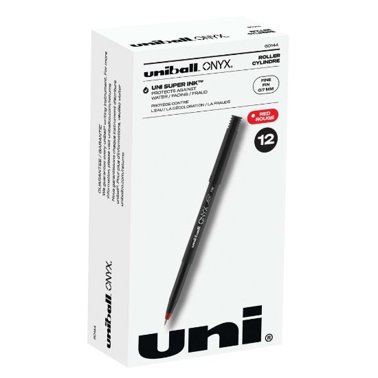 Picture of uni-ball Onyx Rollerball Pens, Fine Point, 0.7 mm, Black Barrel, Red Ink, Pack Of 12