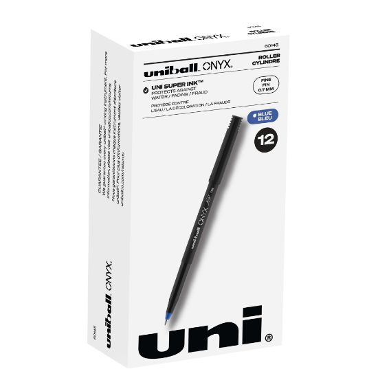 Picture of uni-ball Onyx Rollerball Pens, Fine Point, 0.7 mm, Black Barrel, Blue Ink, Pack Of 12