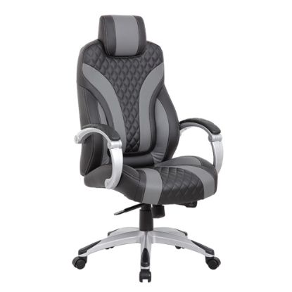 Picture of Boss Office Products Hinged Arm Ergonomic Faux Leather High-Back Executive Chair With Synchro-Tilt, Black/Gray