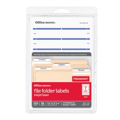 Picture of Office Depot Brand Print-Or-Write Color Permanent File Folder Labels, OD98817, Rectangle, 5/8in x 3 1/2in, Dark Blue, Pack Of 252