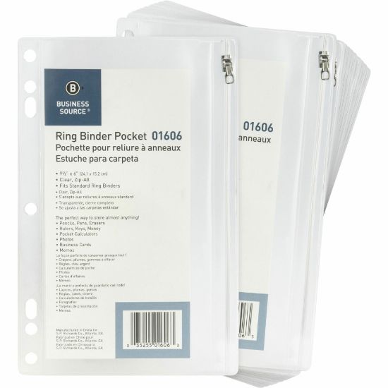 Picture of Business Source Punched Economy Binder Pocket - 9.5in Height x 6in Width - 7 x Holes - Ring Binder - Clear - Plastic - 24 / Box