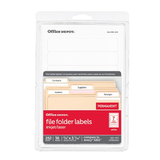 Picture of Office Depot Brand Print-Or-Write Color Permanent File Folder Labels, OD98816, Rectangle, 5/8in x 3 1/2in, White, Pack Of 252