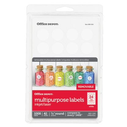 Picture of Office Depot Brand Removable Inkjet/Laser Multipurpose Round Labels, OD98791, 3/4in Diameter, White, Pack Of 1,008