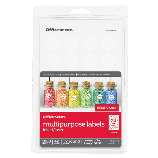 Picture of Office Depot Brand Removable Inkjet/Laser Multipurpose Round Labels, OD98791, 3/4in Diameter, White, Pack Of 1,008