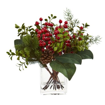 Picture of Nearly Natural 12inH Berry, Pine And Boxwood Artificial Arrangement, 12inH x 11inW x 8inD, Red/Clear