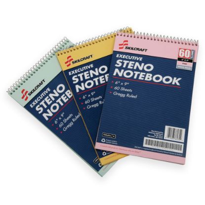 Picture of SKILCRAFT 50% Recycled Steno Notebooks, 6in x 9in, Gregg Ruled, 60 Pages (30 Sheets), White/Blue, Pack Of 3 (AbilityOne 7530-01-454-5702)