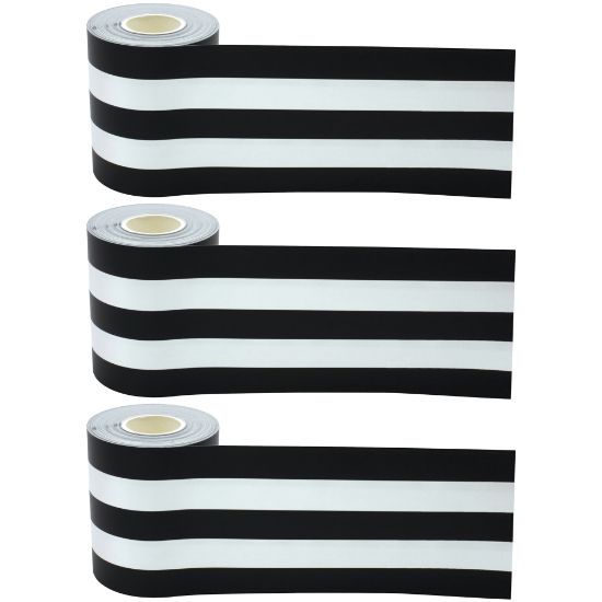 Picture of Teacher Created Resources Straight Rolled Border Trim, Black & White Stripes, 50' Per Roll, Pack Of 3 Rolls