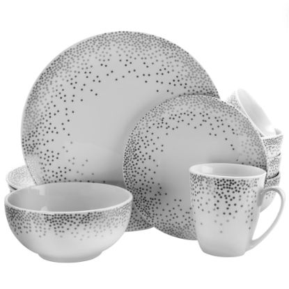 Picture of Gibson Platinum Dots 16-Piece Round Ceramic Dinnerware Set, White/Silver